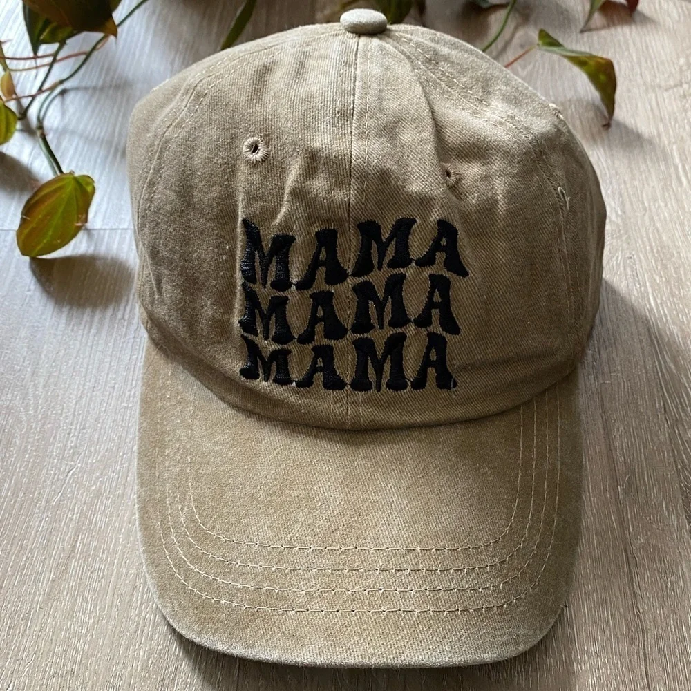 MAMA Embroidered Baseball Hat Khaki Tan Distressed Vintage Adjustable Casual